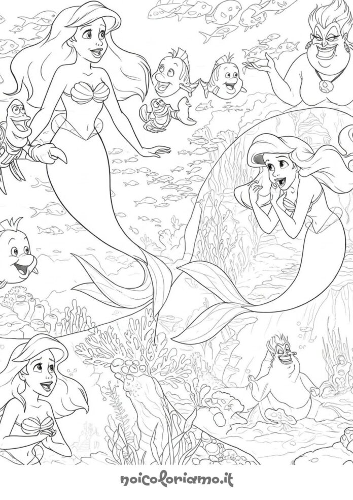 Ariel da colorare con Sebastian e Ursula