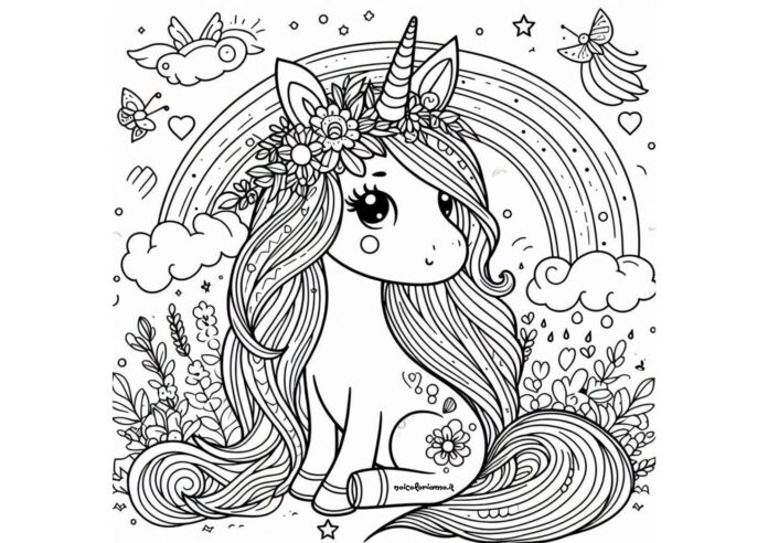 unicorno farfalle arcobaleno fiori