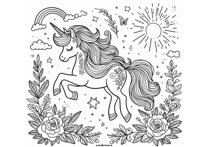 unicorno sole arcobaleno fiori